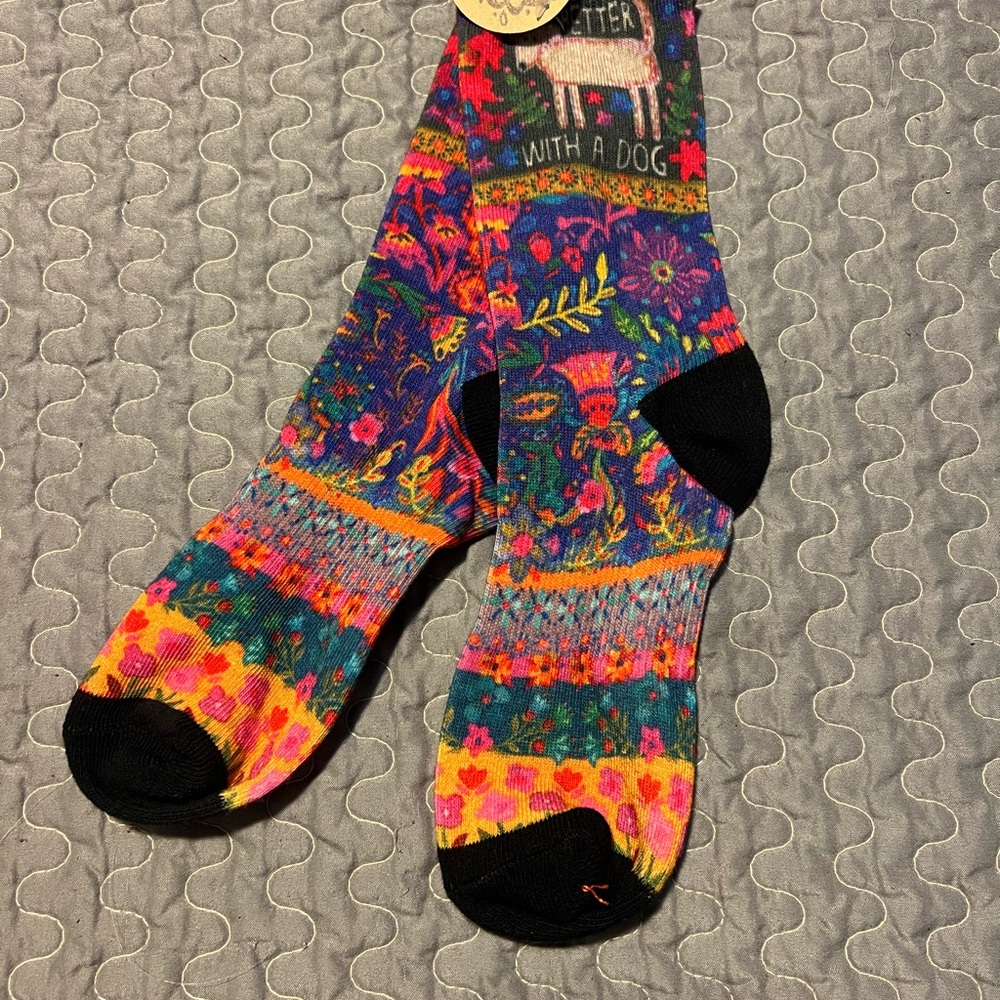 NATURAL LIFE Multicolor Floral Crew Socks with Black Accents